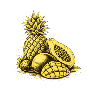 Frutas tropicales en tonos dorados